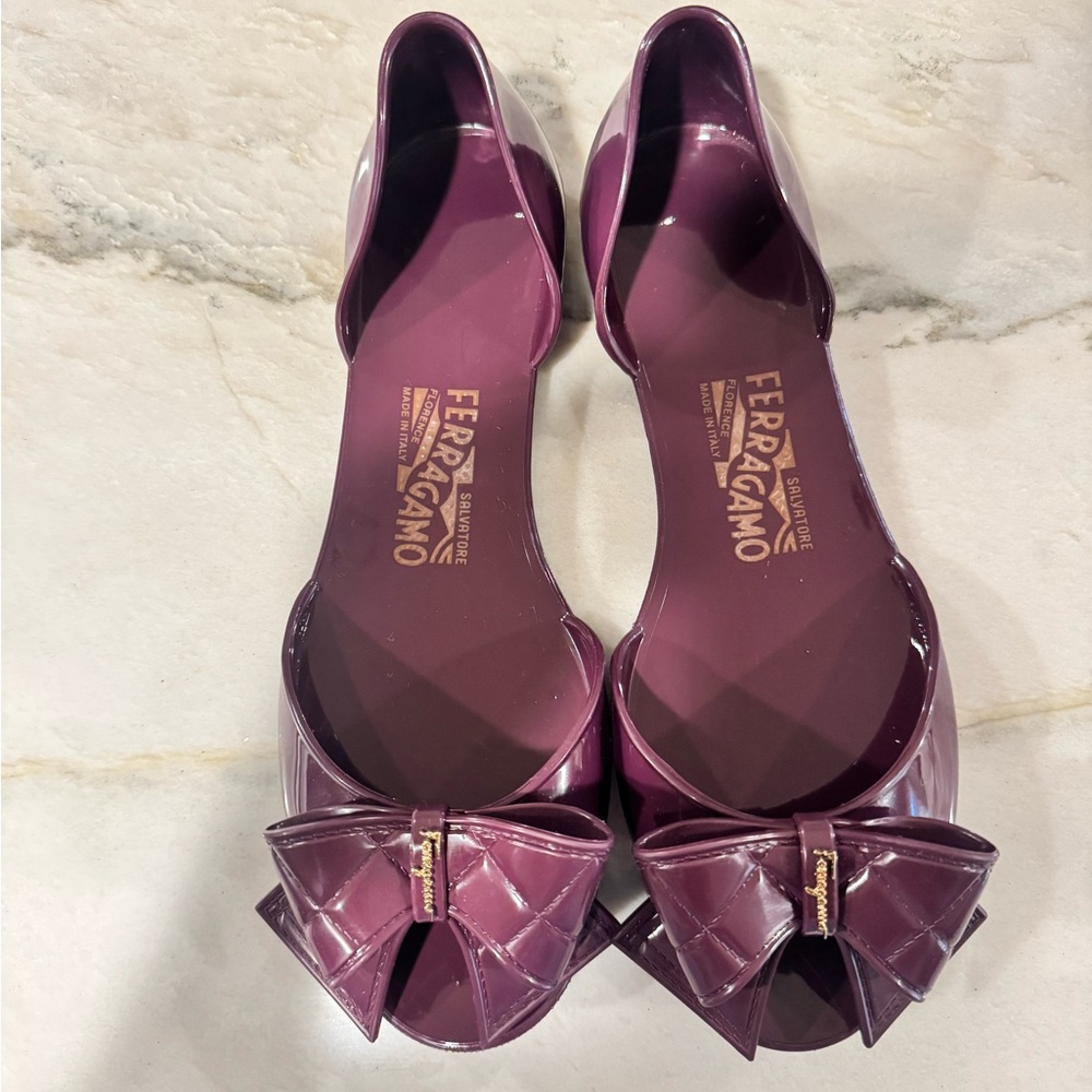 Salvatore Ferragamo Plum Patent Bow Flats